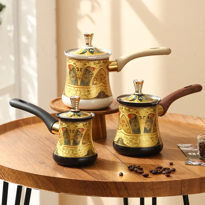 Gold patterned Style 01 coffee pots with black, dark wood and light wood handles
