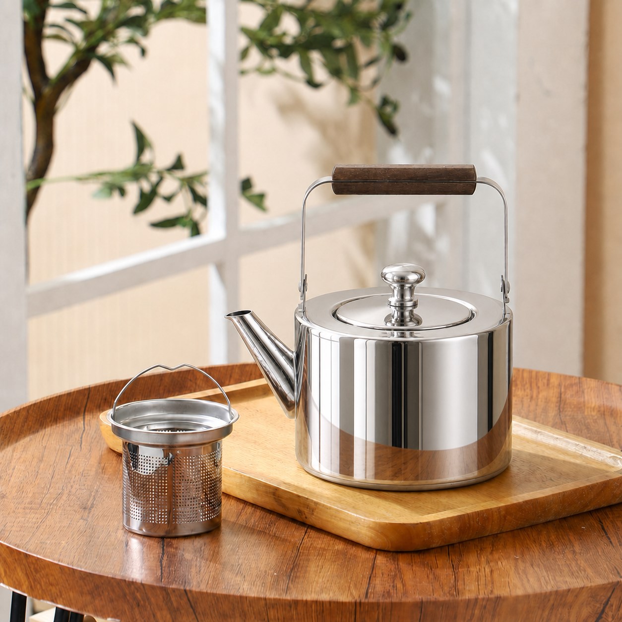 Polished stainless steel tea kettle with removable infuser